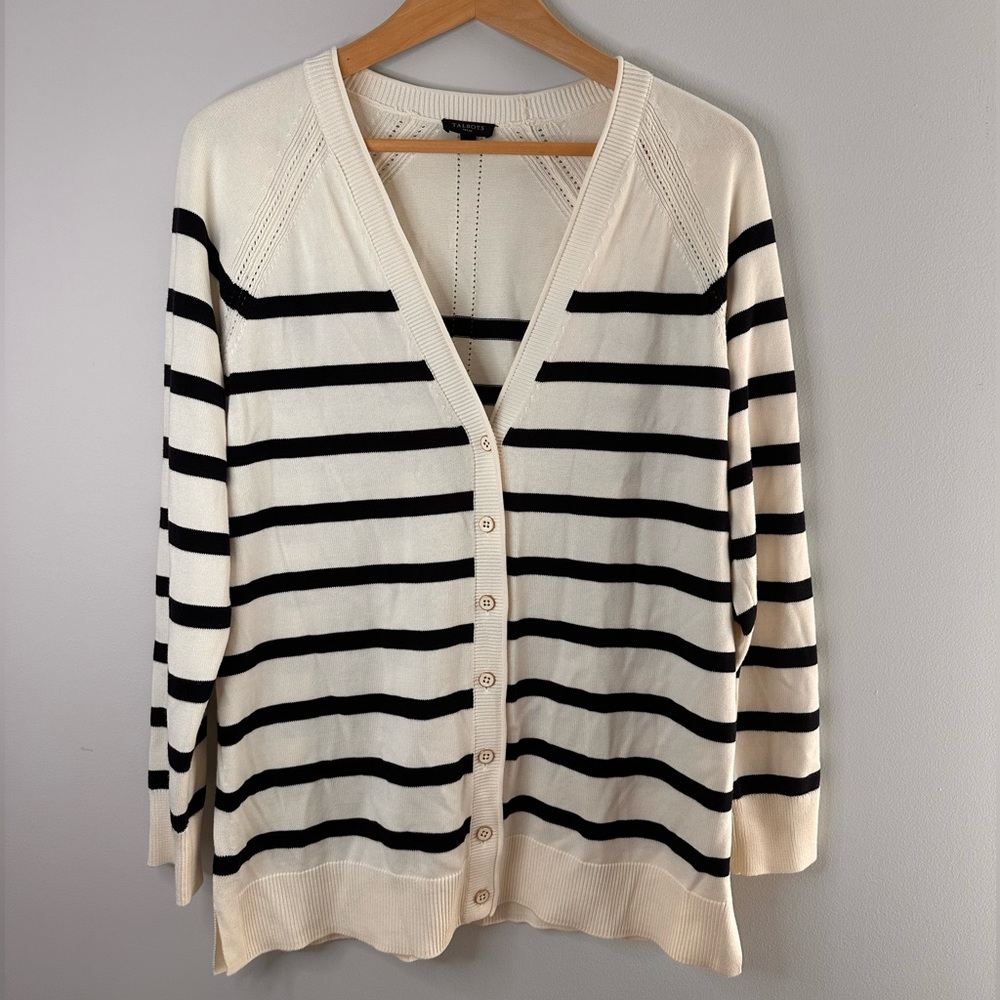 Talbot’s women’s white (with black stripes) button down cardigan, size M petite